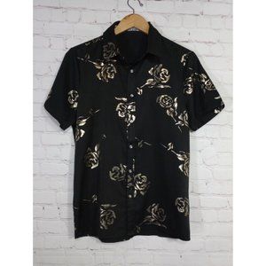 ZEROYAA Mens S Hipster Gold Rose Printed Slim Fit Short Sleeve Button Down